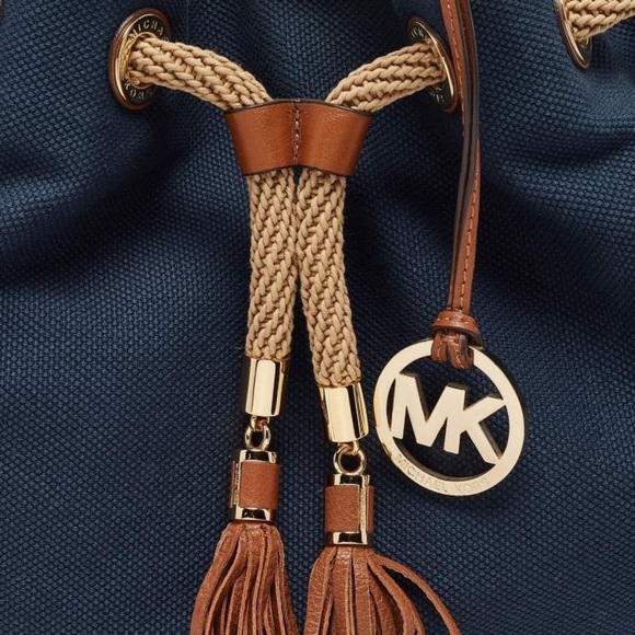 Michael Kors Navy Blue/Brown Canvas Marina Drawstring Tote - Picture 9 of 9